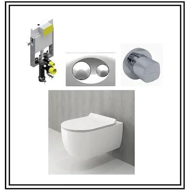 V-Tondo Bright White Rimex Wall-Hung WC + Slow-Close WC Seat + Concealed Cistern + Chrome Button + Stop Valve